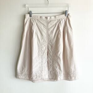 Faconnable Womens Size 10 Skirt Pinstriped Embroidered Pintucked White Tan